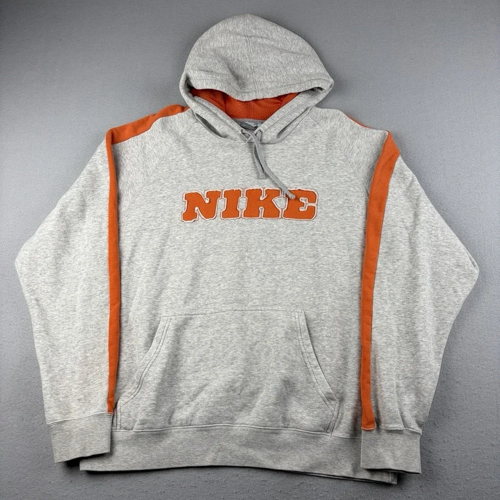 Y2K Nike Spellout Hoodie Men's Large Gray Orange Embroidered Pullover